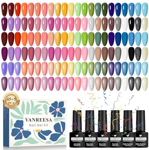 VANREESA U V Nagellack Set, 50 Stück Gel Nagellack Set mit Unterlack und Überlack 45 Farben Maniküre Starterset Rosa Lila Schwarz Gelnägel Kit Soak off Gel Nail Polish Geschenk für Frauen