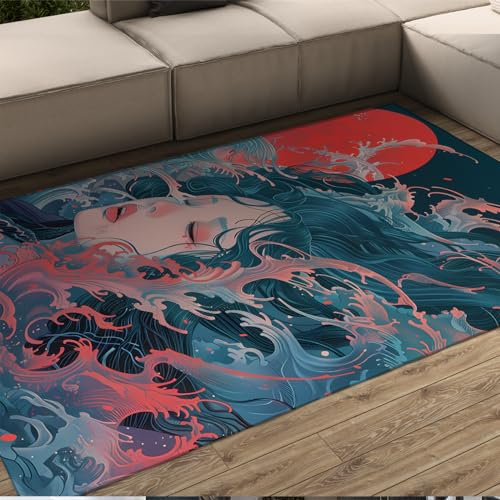 LANDERSION Ukiyo -Malerei Stil Teppich Indoor Outdoor Wellen Bereich Teppich Niedliche Mädchen Teppich Bereich Teppich mit Gummirücken Waschbarer niederfloriger Teppichboden 120x170cm
