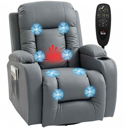 HOMCOM Relaxsessel Verstellbar mit Liegefunktion Heizung Hellgrau | Massagesessel, Drehbar Fernsehsessel mit Wippfunktion, Becherhalter, Seitentasche, Timer, Kunstleder, für Wohnzimmer