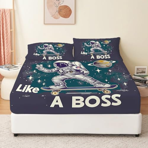 Spannbettlaken Handgezeichnete Kritzeleien Astronauten 90 x 190 cm Bunt, Spannbetttuch Rund-um Elastischem Gummizug, Mikrofaser Weich Bettlaken Bed Sheets für bis 30 cm Matraze