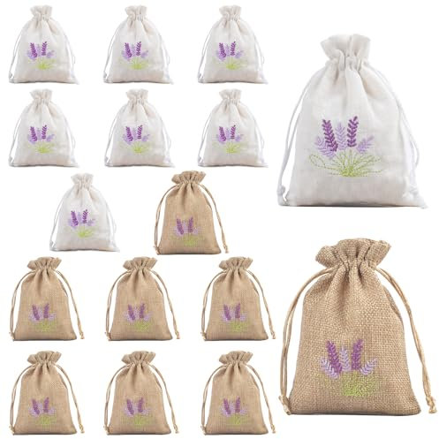 ATMWM 16 Stück Lavendelbeutel Beutel Leere, 10 x 14cm Beutel Weiß und Leinenfarbe Kordelzug Baumwolle und Leinen, Kleine säckchen zum befüllen für Lavendel, Gewürze und Kräuter