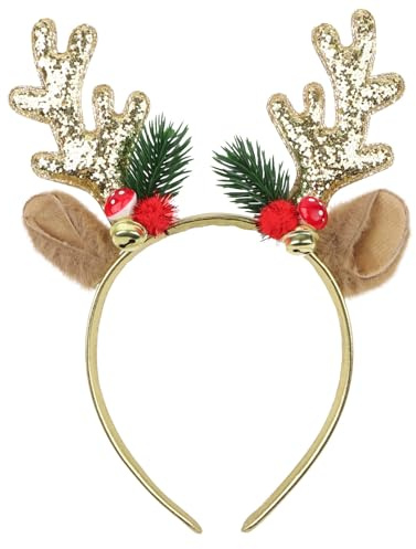 GEBETTER Serre Tête Noël Renne Bandeau avec Oreille Clochette Cerf Décoration Accessoire Cheveux Fête pour Enfant Femme (Doré)