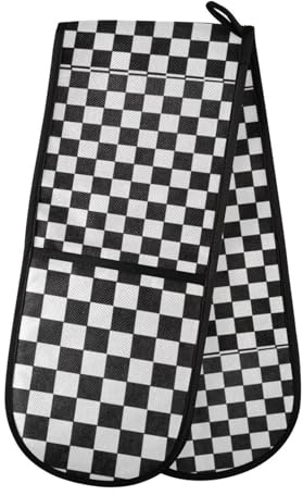 Double Oven Gloves Heat Resistant White Black Check Double Oven Mitts Pot Holder Heat Protection Oven Gloves for Home Kitchen Baking Cooking BBQ Microwave