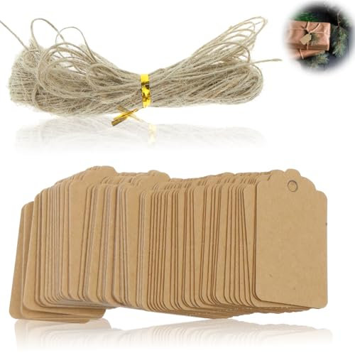 Geschenkanhänger Kraftpapier Preisschilder Hängeetiketten Markierungsetiketten, 100 STK Geschenkanhänger Etiketten Kraftpapier Natural Craft Card, mit 20 Meter Jute Schnur für Handmade