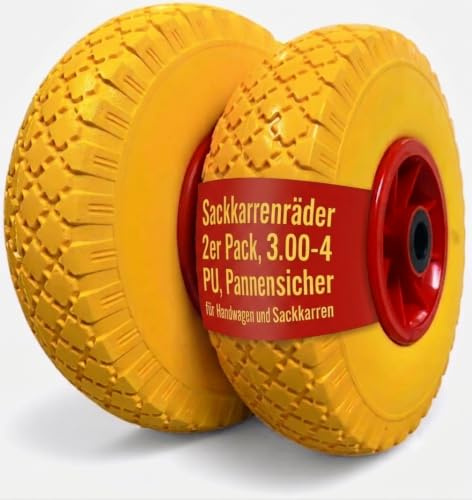 2x Sackkarrenrad Pannensicher VOLLGUMMI Ø 260 mm, Nabe Ø20×75, 3.00-4 Sackkarren Bollerwagen Rad Ersatzrad Reifen Räder für Sackkarre Vollgummireifen Bollerwagenrad Sackkarrenräder Gelb/Rot, PU