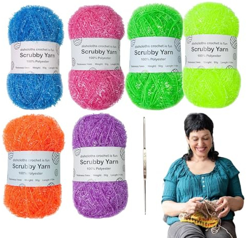 6 Skeins Scrubby Yarn for Dishcloths Crocheting, Polyester Dish Scrubby Yarn, Colorful Glitter Knitting Yarn Bundle with 1 Crochet, Assorted Colors Pastel Yarn for Dish Towel