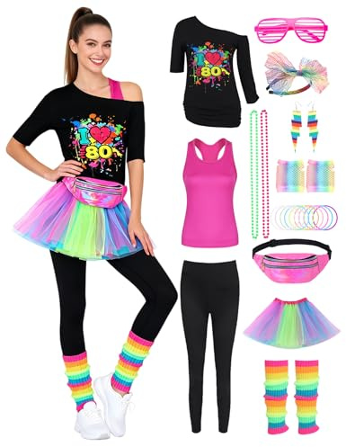 Mrsclaus 80er Jahre Outfit Damen, 90er Faschingkostüm Damen, Aerobic Outfit für Karneval Fastnacht Mottoparty, Tshirt Leggings, Rosa Tank Top, Tüllrock Bauchtasche Beinlinge Netzhandschuhe 068M