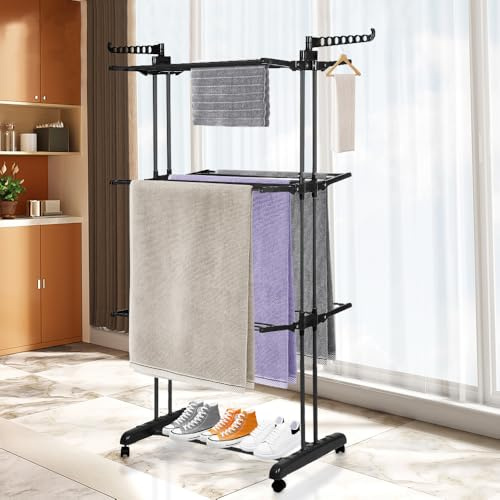 HUOLE Séchoir - Étendoir à Linge Pliable - Tour de séchage 3 Couches - Tour de Lavage, Etendage à Linge -en Acier Inoxydable, pour l'intérieur et l'extérieur(75-126)*64 * 170cm (Tout Noir)