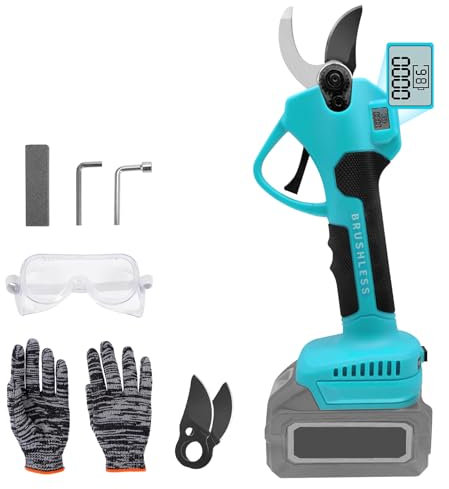 Roadtime 43mm Akku Astschere, Elektrische Gartenschere für 21V Makita mit Ersatzklingen, LCD-Display, Bürstenlosen Motor, Baumschere mit 2 Handschuhe, Astschneider,Baumschere(Ohne Akku）