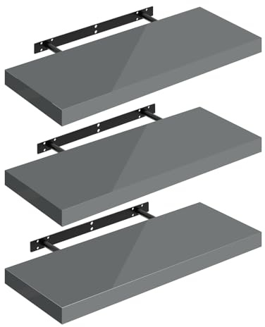 WOLTU Wandregal Regal Schweberegal,Hochglänzend Grau,60x22,9x3,8cm 3er | Wandregal Set von 3 für Büro, Wohnzimmer, Schlafzimmer, Küche,mit Metallhalterung,unsichtbare Montage