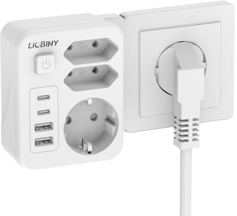 Regletas Enchufes con 4 USB, 7 en 1 Enchufe Múltiple con Interruptor Ladron Enchufes 3680W 16A, Enchufe Doble USB C para Oficina, Dormitorio, Compatible con Teléfono, Tableta, Blanco