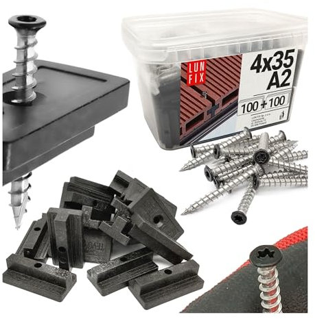 WPC - Clips para tablones de terraza con espaciadores de 6 mm, clips de fijación de plástico + tornillos de acero inoxidable 4 x 35 mm, A2, 100 + 100, montaje oculto, inoxidable, color negro Lun Fix