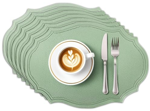Privalace 6er Set Oval Lederoptik Platzsets Doppelseitigen Grün 43x29.5cm | Kunstleder Tischsets Abwaschbar Rutschfest Hitzebeständig Wasserdicht Platzdeckchen für Küche Zuhause Restaurant Hotel