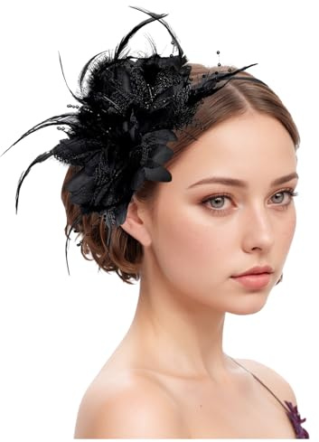 Fascinator Hüte Für Damen Bänder Federn Auf Einem Stirnband Blume Mit Perle Feder Fascinators Hut Stirnband und Einer Gegabelten Clip Hochzeit Cocktail Tea Party Hut Kopfbedeckung Für Damen (One Size)