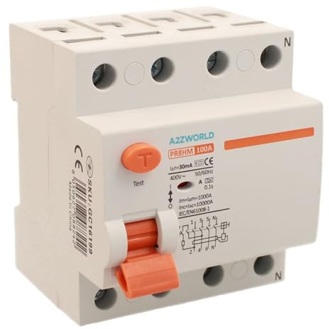 Interruttore Differenziale Puro, Salvavita Trifase Tipo A 100A, RCCB 3P+N 10kA 30mA 380V, 4 Moduli DIN, Serie PR8HM Elettromagnetica, Certificato IEC61008-1