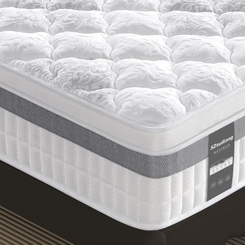 SZsuilong 4ft6 Double Mattress, 11 inch Hybrid Double Size Mattresses Pocket Sprung, 7-Zone Orthpaedic Mattress Medium Firm for Pressure Relief, Vintage Knitted Fabric & Breathable Foam(135x190x28cm)