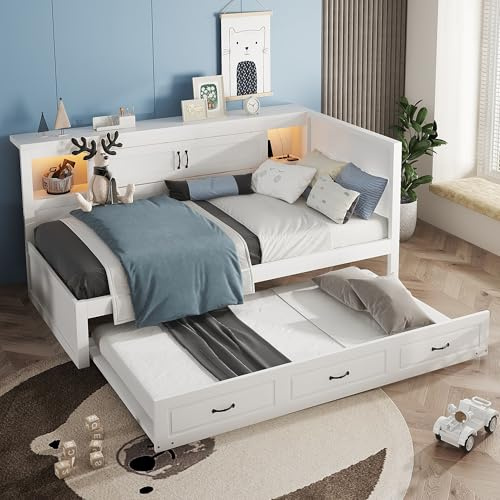 OKMYHOME Ausziehbett 90 x 200 cm – Multifunktions-Ausziehbett mit Schublade und seitlicher Aufbewahrung, LED Fernbedienung und USB-Anschlüssen, Lattenrost inklusive, weiß – ohne Matratze