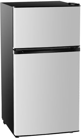 3.2 Cu.Ft Mini Fridge with Freezer, 2 Door Small Refrigerator with Adjustable Thermostat Energy-efficient Low Noise, Compact Fridge for Bedroom, Office, Dorm, Silver