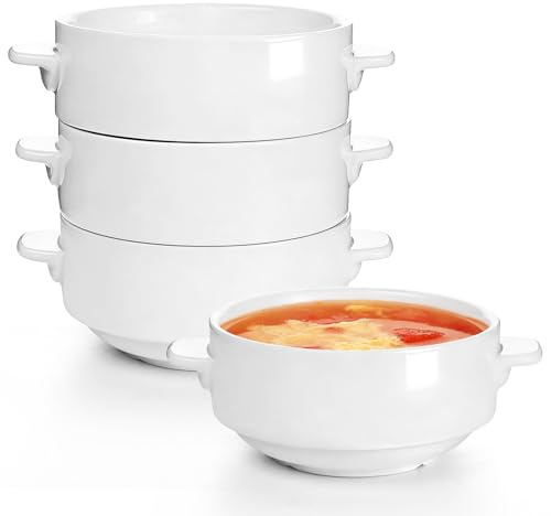 Aleker 4-Piece Set Soup Bowls with Handles, 300ml White Ceramic Onion Soup Bowls Breakfast Bowls Baking Bowls for Creamy Soup, Cereal, Baked Rice, Pasta, Egg Custard, Salad Oven Dishwasher Safe