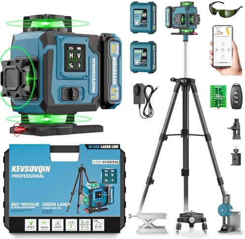 Kevsuvqin Niveau Laser avec Trepied 4x360°, Laser Chantier avec 2x4800mAh Batterie & Grand écran LED, 4D 16 Lignes Niveau Laser 360 Autonivelant/APP/Télécommande/IP54 Étanche pour la construction