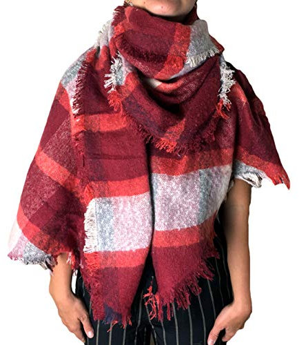 ALZORA Damen XXL Herbst Winter Karo Schal riesig und flauschig Poncho Scarf kariert Fransen (Modell-07)