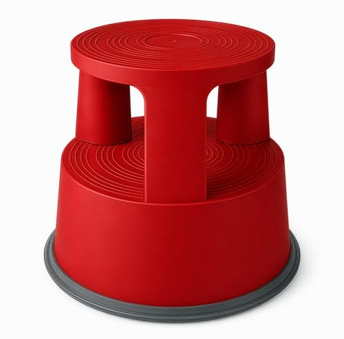 Office Marshal Rollhocker Kunststoff Elefantenfuß rot, Rutschfester Tritthocker mit Rollen, mobiler Rolltritt bis 150 kg, 43 cm hoch, Stabiler Hocker für Büro, Küche, Werkstatt, Lager & Haushalt