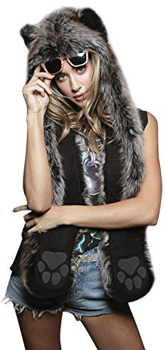 Petalum Damen Winter Warm Mütze Schal Handschuhe Set Kapuzen Handschuhe Warm Kapuzenschal Plüsch Tiere Bär Panda Wolf Paws Ohren Fellmütze Wolf