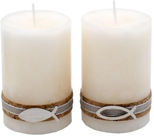 ZauberDeko 2 Stumpenkerzen Kerzen Creme Kork Fisch Holz Tischdeko Kerzendeko Kommunion Konfirmation