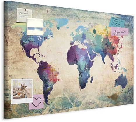 murando - Mapamundi con tablero para clavar chinchetas 120x80 cm - Cuadro en Lienzo sintético - 1 parte - Panel de Fibra - Mapa del Mundo Continente - viajes geografia Colorido k-B-0050-v-a