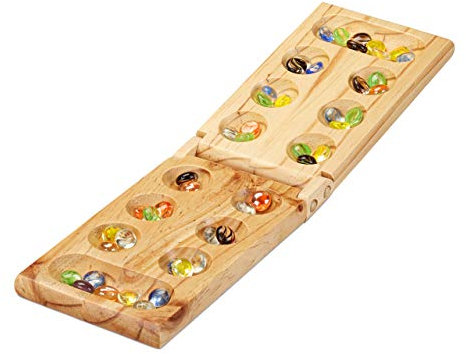 Relaxdays Kalaha Spiel, klappbar, aus Holz, 48 Steine, für 2 Personen, Kinder & Erwachsene, Mancala Brettspiel, natur