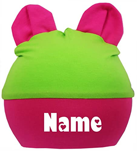 Kleiner Fratz Kinder Baby Mütze mit Ohren Jungen Mädchen Babymütze Hat mitwachsend mit Namen des Kindes (Gr.2 (KU 39-53) (Gr. 68-98), lime-navy)