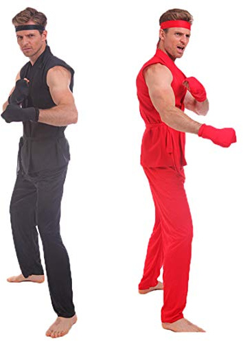 Men's Karate Fighter Costume Martial Artist Sleeveless Taekwondo Uniform Kung Fu Suit Halloween Fancy Dress (Red)