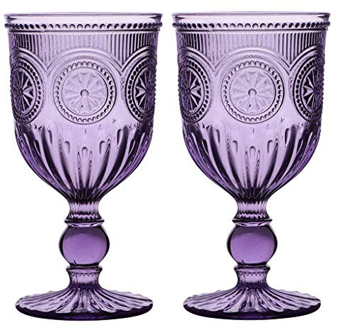Dibor Wine Glasses Set of 2 Purple Embossed 300ml Drinking Goblets Alfresco Dining Glassware