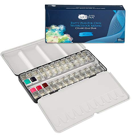 Artina 48 Fächer Aquarellkasten Leer Metallkasten mit Palette Näpfchen | Leerkasten Farbkasten für Wasserfarben Malkasten für Aquarellfarbe Aquarell Aquarellpalette Mischpalette Colaro