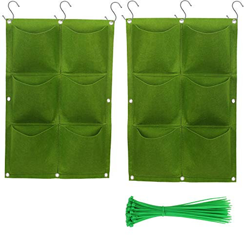 BIGKASI 2 Pcs Hängende Pflanzbeutel 6 Taschen Pflanzentaschen Hängende vertikale Wand Pflanzer 60x40 cm Pflanzen Wachsen Taschen mit S Haken Befestigungsband für Outdoor Indoor Gartenarbeit