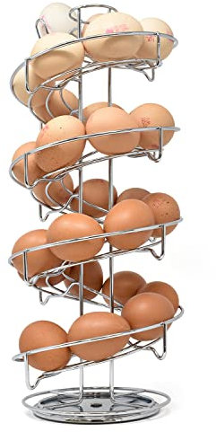 joeji's Kitchen Rotating Egg Holder Storage Rack with Non-Slip Base - Spiral Space Saving Egg Skelter Basket - Holds nearly 3 Dozen Eggs - Chrome