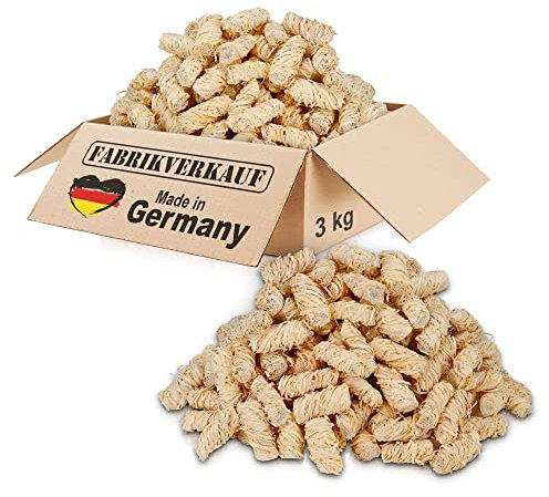FABRIKVERKAUF (3 kg / 240 Piezas) Encendedor ecológico para chimeneas y barbacoas - Madera Natural y Cera Vegetal - Lana de leña, Pastillas de Encendido - Ideal para Chimenea, Estufa, Fuego, Fogatas