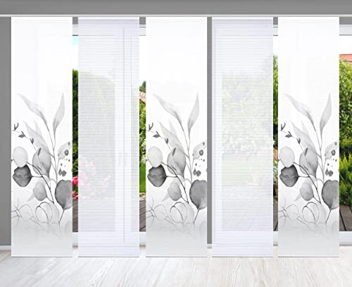 HOME in green 84096 ABANIO Schiebegardine Rec. Polyester, 245x60 cm, halbtransparent, Farbe:grau, Größe:245 x 60 cm, Anzahl:5er-Set (3X Motiv. 2X Uni)