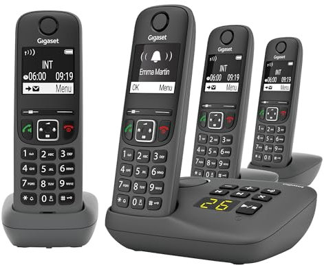 Gigaset A695A Quattro - 4 téléphones DECT sans Fil avec répondeur - écran à Haut Contraste - Excellente qualité Audio - Fonction Mains Libres - Protection d'appels, Gris [Version française]