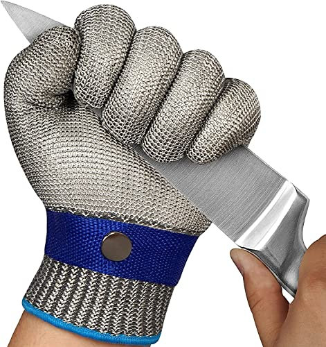 Schnittfeste Handschuhe, Edelstahl-Draht-Metallhandschuhe, Metallgitter-Handschuhe zum Schneiden, Küche, Kochen, Angeln, Schutz der Stufe 5 und elastische Passform (Größe: L)