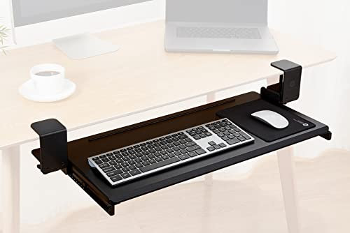 ErgoActive extra bred tangentbordsbricka under skrivbord med klämma på enkel installation, utfällbar tangentbordslåda, passar tangentbord och mus i full storlek