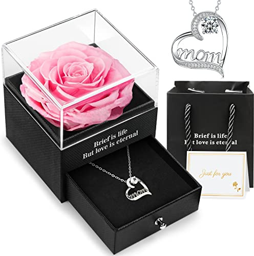 Hnustbo Muttertagsgeschenke für Mama, Ewige echte Rose mit 'Mom' Halskette, Konservierte Rose Ewige Blume Geschenke für Mutter, Geburtstagsgeschenk Mama