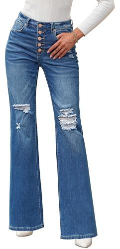 Roskiky - Pantalones vaqueros acampanados para mujer, cintura alta, con roturas, elásticos, holgados, azul, M