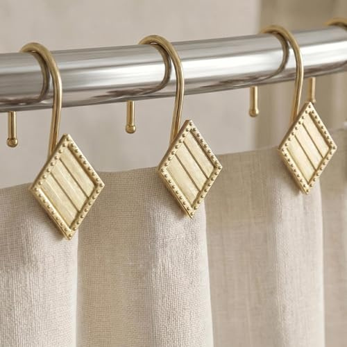 Gold Geometric Shower Curtain Hooks: Rust Proof Metal Diamond Shaped Decorative Shower Curtain Rings - Modern Luxury Fancy Sparkle Brass Hangers for Bathroom - Set of 12