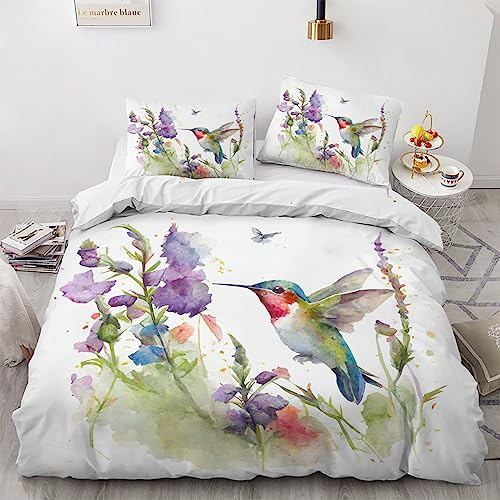 Generisch Sommer Bettwäsche 135x200 Kolibri - Blumen Pflanzen Bettbezug, Bettwäsche-Sets 2 teilig, Weich & Bügelfrei Mikrofaser Wendebettwäsche und 1 Kissenbezug 80x80 mit Reißverschlus L2-&-137