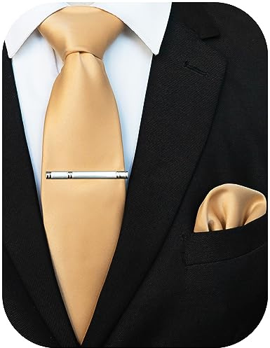 Jemygins Cravate pour homme avec surface mate - Inclus mouchoir et pince à cravate, Champagne doré., M