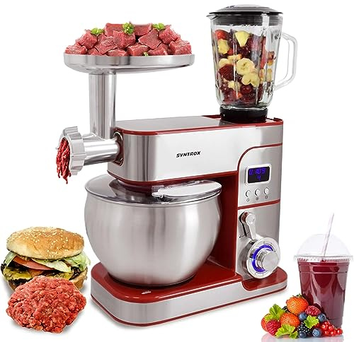 Syntrox Küchenmaschine Glumya Edelstahl 7 Liter Küchengerät & Fleischwolf, Zubehör für Teig und Cremes, LED-Display Timerfunktion, 1300 Watt, einfache Bedienung (Rot)
