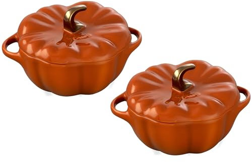 Staub Juego de 2 cocotte de calabaza pequeña de 24 onzas de cerámica, color naranja quemado
