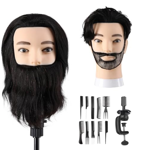 Mann Frisierkopf 100% Echthaar mit Bart Männlich | Übungskopf Echthaar Friseur Kopf Puppenkopf Mannequin Kopf Mit Tischklemme + Kammsatz(19 Zoll)