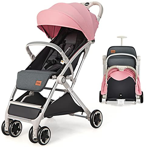 COSTWAY Lightweight Baby Stroller, One-Hand Foldable Infant Pushchair with 5-Point Harness, Adjustable Backrest/Footrest/Canopy, Compact Travel Buggy for 0-3 Years (Pink)